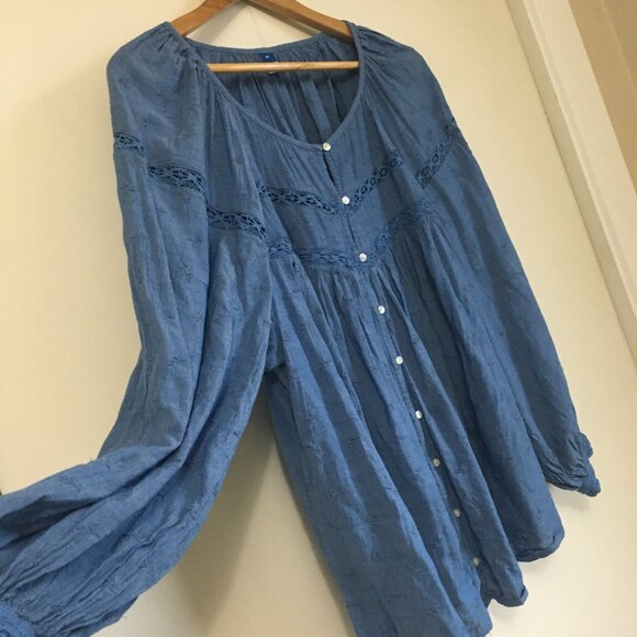 Blue Plentiful Pleats Billowing Sleeve Lace and Floral Texture Button Up Blouse - Picture 3 of 16